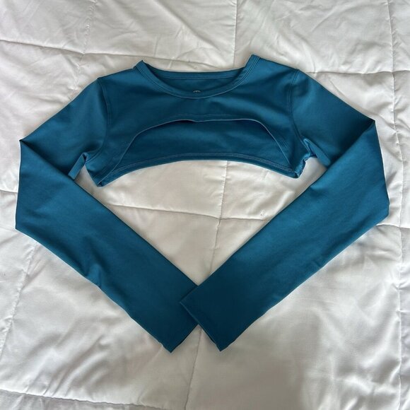 Move Theology Womens Large Long Sleeve Teal Cut Out Crop Top Gym Yoga Workout - Picture 1 of 5